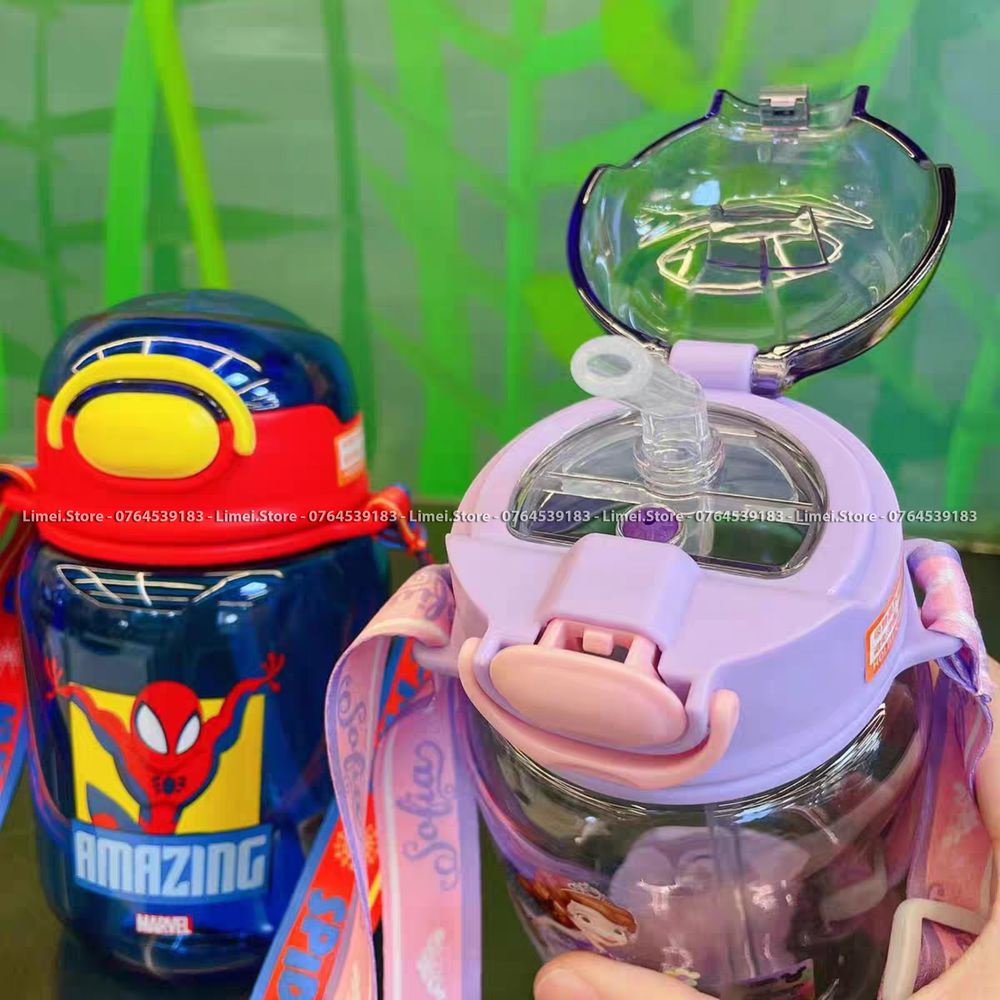 Bình nước ống hút kèm dây đeo cao cấp Disney Minnie Spiderman 480ml cho trẻ em 2145