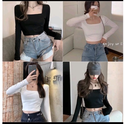 Áo croptop tay dài cổ vuông vải thun ôm body crotop nữ cotton co giãn tốt - Tú Linh