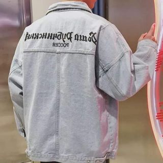 Áo khoác jean unisex màu bạc thêu chữ