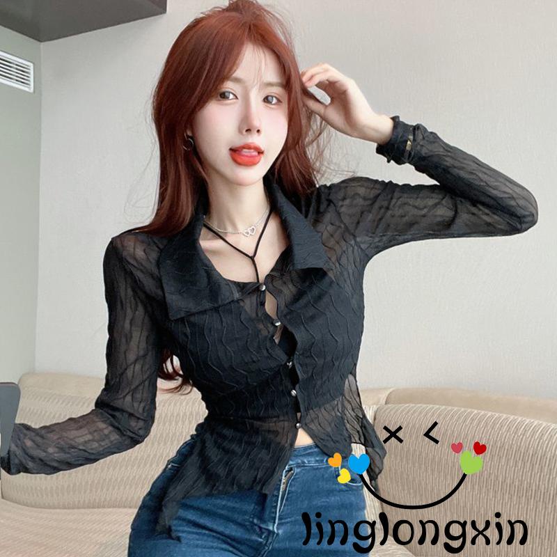 Áo Thun Dài Tay Ôm Dáng Màu Trơn 2 Hàng Nút Xuyên Thấu Thời Trang Xuân Thu Cho Nữ