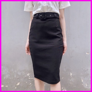 Chân váy công sở dài bigsize ôm body kèm belt chất thun umi co dãn màu đen CR63V49 -PYENSTORE
