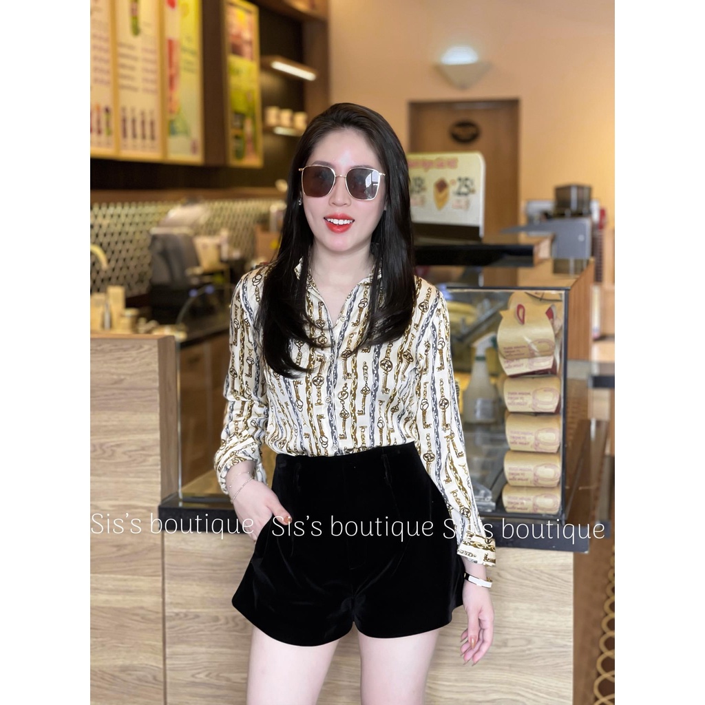 Áo sơ mi nữ lụa dài tay cao cấp công sở họa tiết chìa khóa dáng cơ bản thanh lịch, áo sơ mi thiết kế MQ Boutique