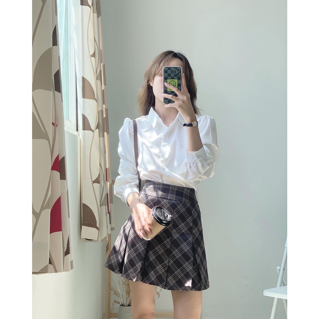Chân váy xếp li họa tiết Caro lưng cao hack dáng phong cách nữ sinh Hàn Quốc - immin.h