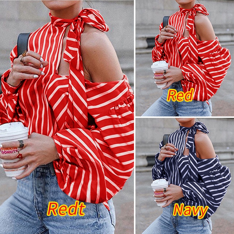 Áo kiểu Zanzea cổ tròn phối trễ vai in họa tiết kẻ sọc thời trang tùy chọn màu sắc cho nữ
