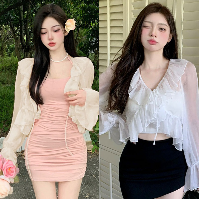 Áo Croptop Tay Loe Dài Phối Bèo Thời Trang