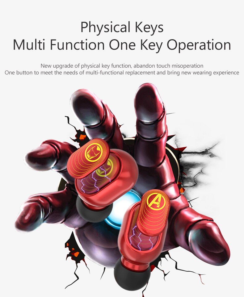 Tai Nghe Nhét Tai Bluetooth 5.0 Không Thấm Nước Hiển Thị LED Phong Cách Marvel TM09 - Chính Hãng từ MARVEL