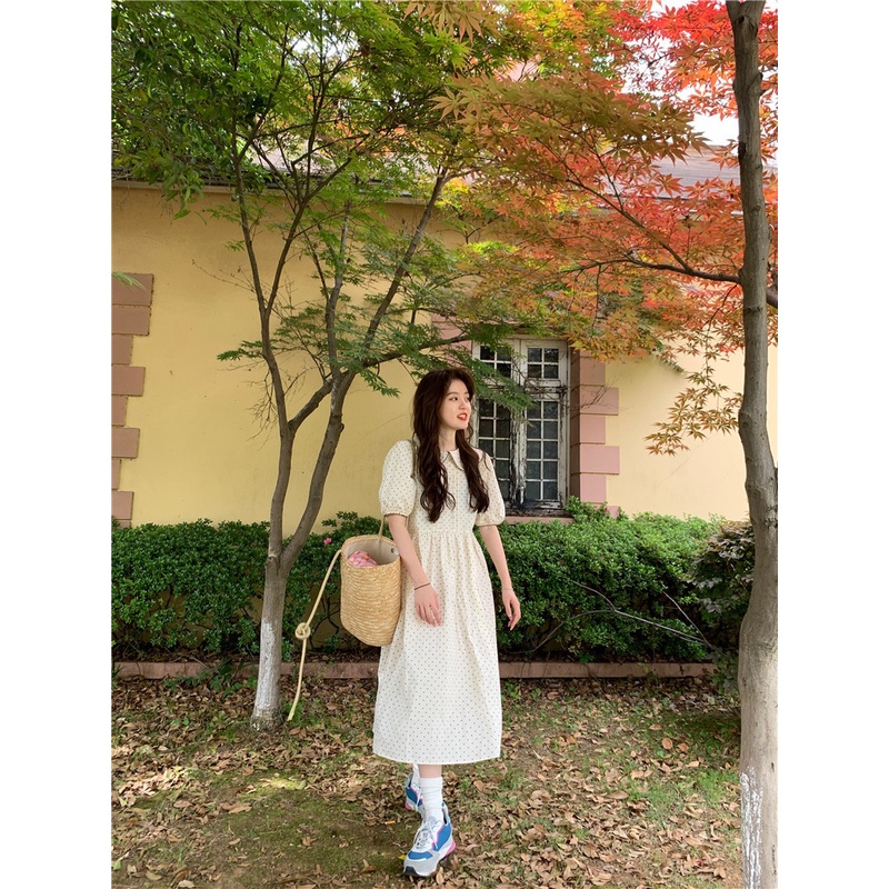 Đầm chấm bi babydoll cổ búp bê phong cách cổ điển Hàn Quốc