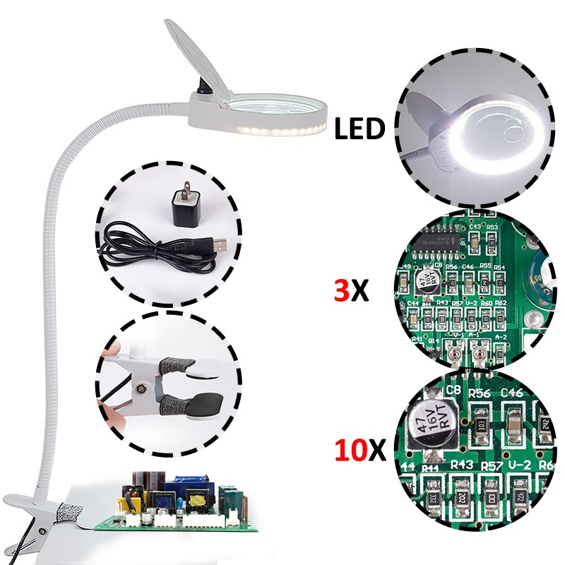 Kính Lúp Để Bàn Phóng Đại 3x 10x Có Đèn Led