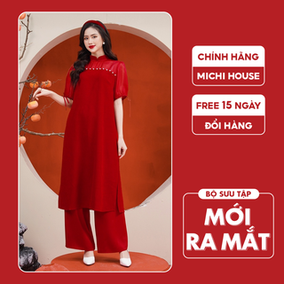 Áo dài tết cách tân dáng suông a michi house váy xuông màu đỏ phong cách truyền thống dài qua gối mặc lễ tết xinh v548
