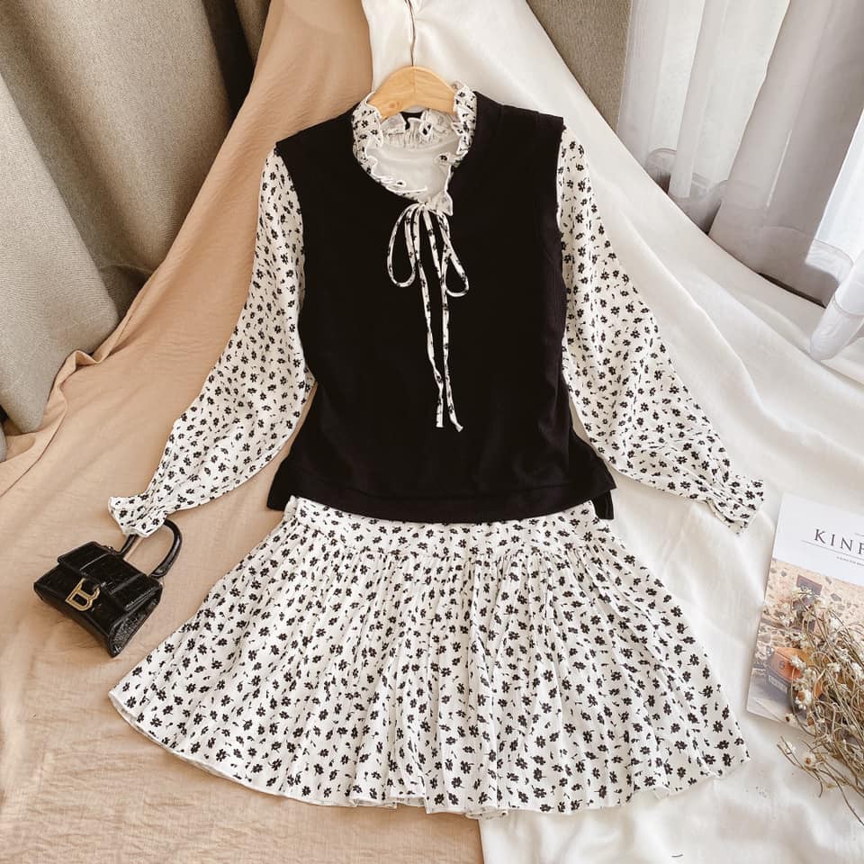 Sét Đầm Nữ Vintage, Váy Đầm Babydoll Chấm Bi Nơ Ngực Tay Bồng Dáng Suông Kèm Gile Ngoài Phong Cách Hàn Quốc. | BigBuy360 - bigbuy360.vn