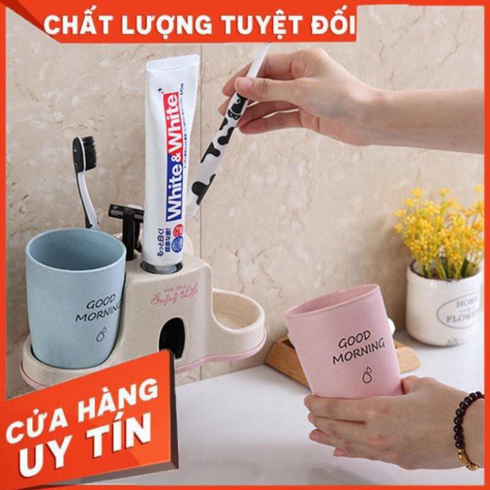 BỘ KHAY NHẢ KEM ĐÁNH RĂNG TỰ ĐỘNG - KỆ ĐỂ ĐỒ PHÒNG TẮM CAO CẤP KÈM 2 CỐC LÚA MẠCH