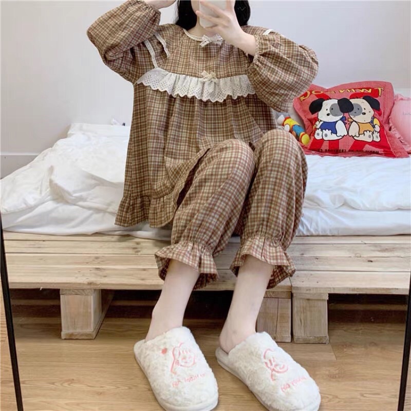 BỘ / VÁY MẶC NHÀ ULZZANG KẺ CARO NÂU BÈO NGỰC rẻ nhất shopee