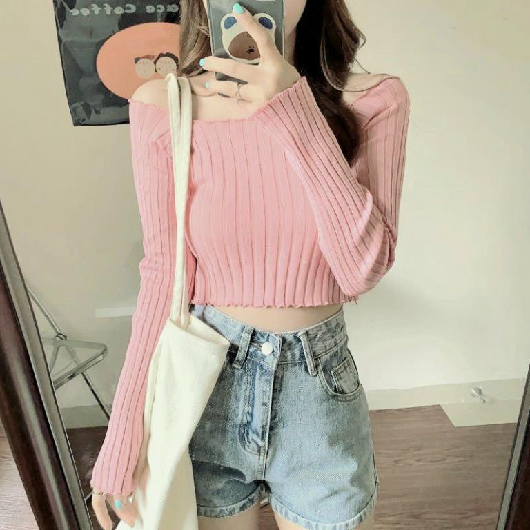 Áo Croptop Gân Dệt Kim Trễ Vai Dài Tay Ulzzang F14-1 !