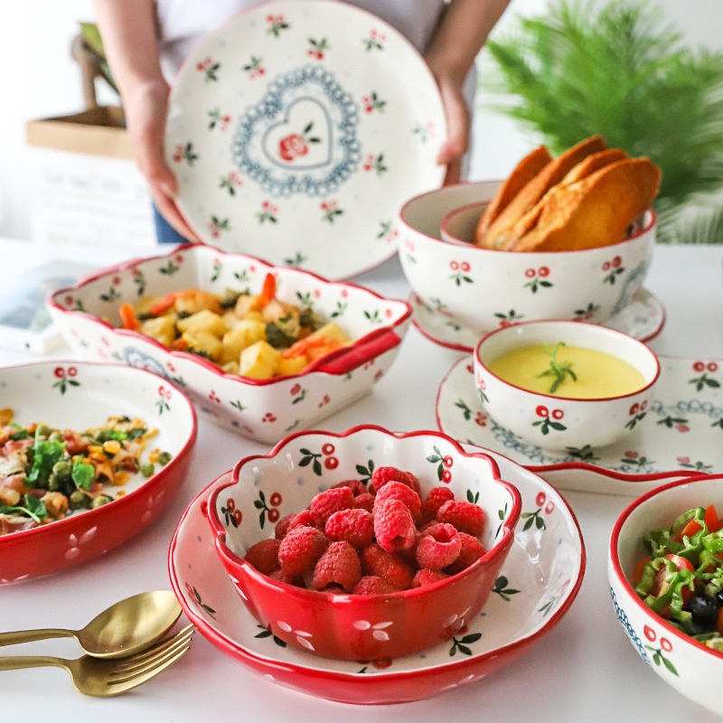 Bộ bát đĩa Cherry gốm sứ, thố Cherry handmade viền sóng dễ thương, hình trái tim độc đáo Hàn Quốc Nhật Bản KITCAT STORE