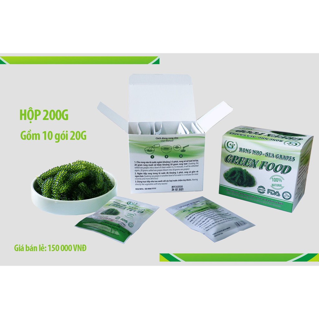 Rong nho biển hộp 200gram - Hộp 100gr  -Rong nho tách nước Green Food cao cấp