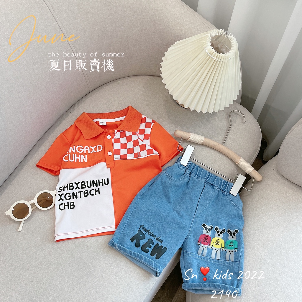 Bộ quần áo cộc tay bé trai kiểu dáng hàn quốc, set áo polo hoạ tiêt HNGAXI phối quần bò ngố cho bé size 10-32kg