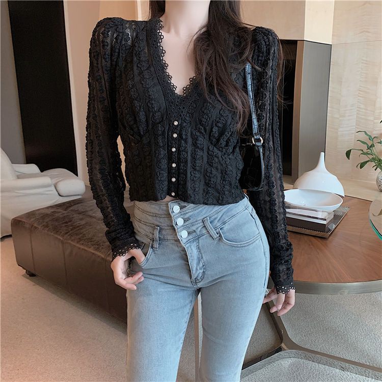 Áo Ren Rỗng Tay Dài Cổ Chữ V Dáng Ôm Phong Cách Phương Tây Dễ Phối Đồ Cho Nữ