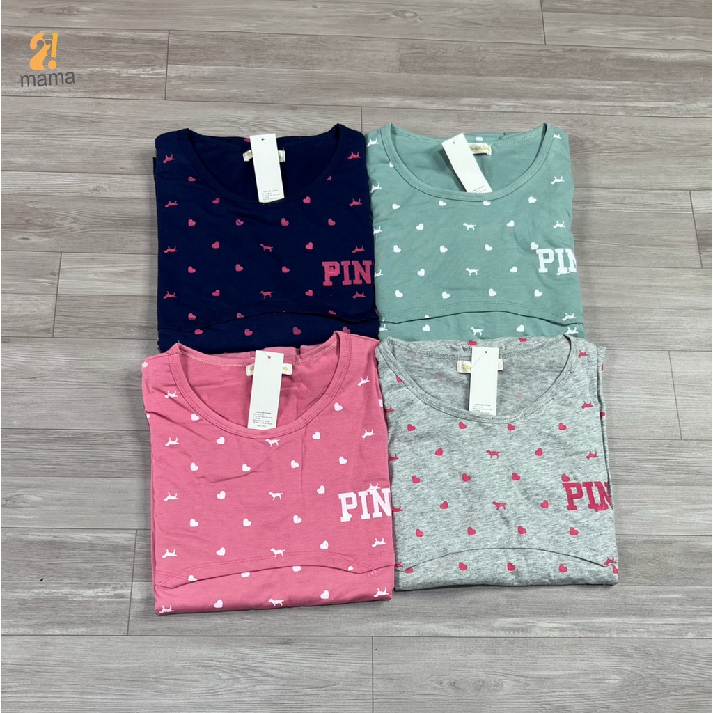 Bộ đồ bầu và sau sinh cộc tay Pink 2mama có lật ngực cho bé ti cotton dễ thương V009