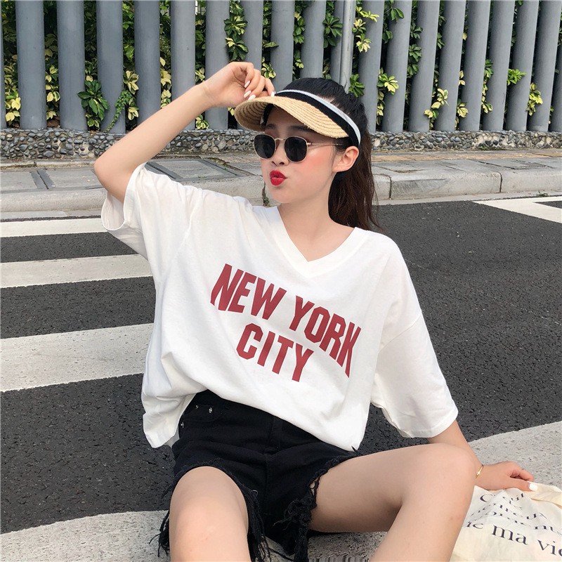 Áo Thun Cotton Tay Lỡ New York City Trắng Phong Cách Điệu Đà