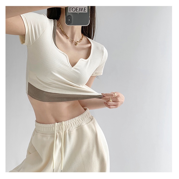 622152#Áo Thun Ngắn Tay Cổ Chữ V Giả Hai Lớp Màu Sắc Tương Phản Thời Trang Dành Cho Nữ