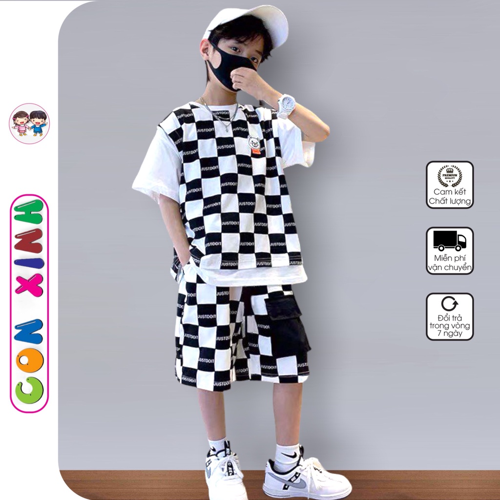 Bộ đồ bé trai Con Xinh cotton hình in Gấu ô vuông JUSTDOIT, thời trang dành cho trẻ em từ 4 đến 10 tuổi