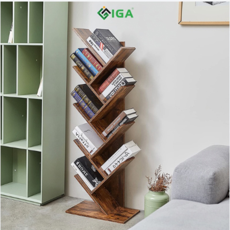 Kệ sách hình xương cá 9 tầng kệ sách gỗ để sàn kèm bàn làm việc -gp03