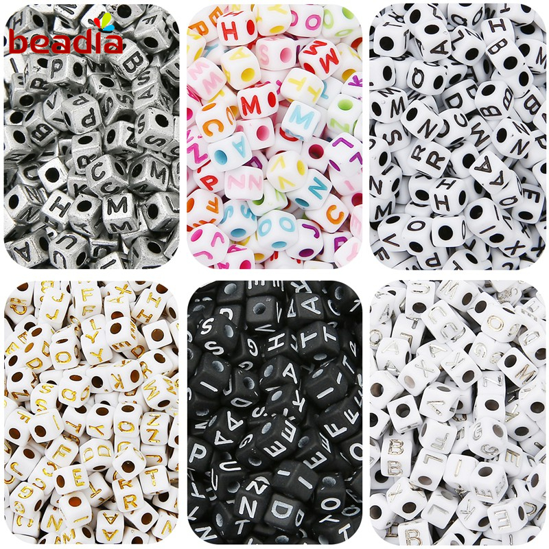 Hạt xỏ Beadia từ nhựa acrylic hình vuông in chữ cái tiếng Anh dùng làm trang sức DIY