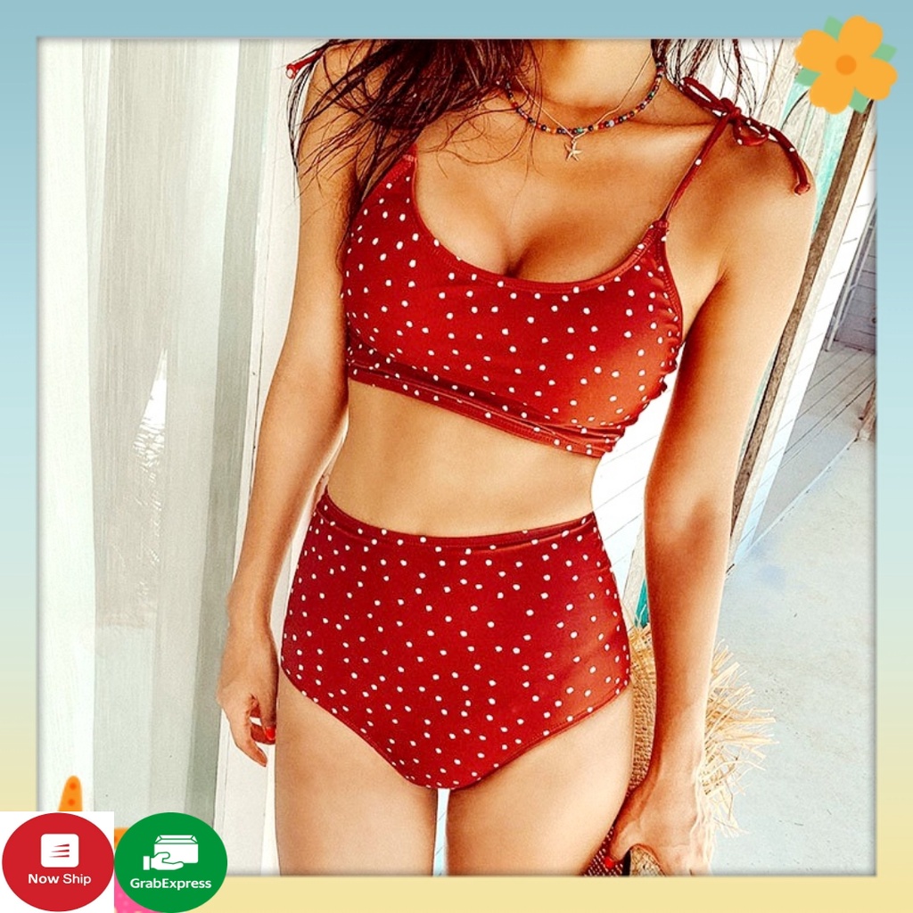Đồ Bơi Nữ Bikini Hàn Quốc Mới Nhất 2021(Video Thật) 2 Mảnh Có Mút Lót Ngực Màu Đỏ Chấm Bi Cạp Cao Basic Swimwear | BigBuy360 - bigbuy360.vn