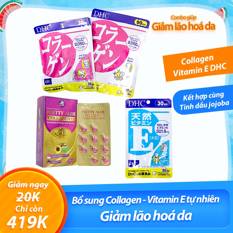 Làm đẹp da từ DHC collagen và DHC vitamin E chứa dầu cá, cùng viên bôi Pretty Aloe có lô hội chống lão hóa
