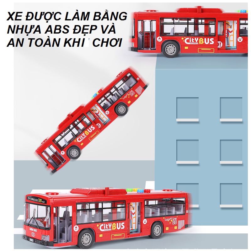 Mô hình xe ô tô buýt cỡ lớn bằng nhựa đồ chơi trẻ em xe có âm thanh và đèn mở được cửa
