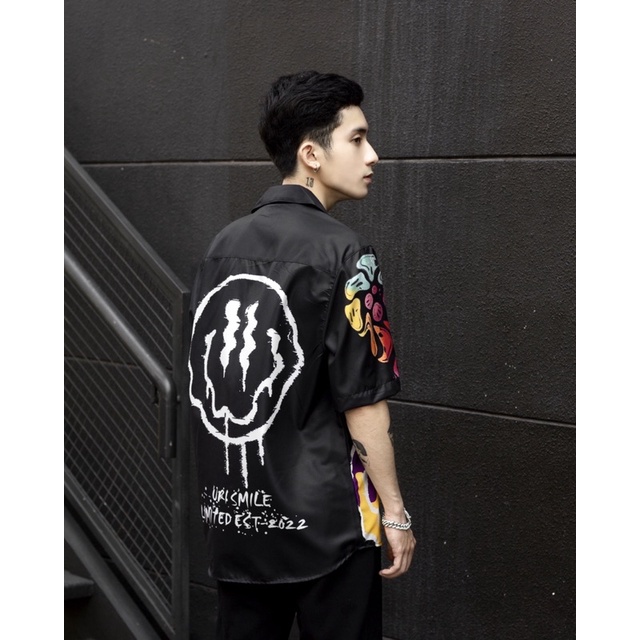 Áo sơ mi nam ngắn tay Họa tiết Form rộng, Mặt cười Đen- Local brand  CHÍNH HÃNG