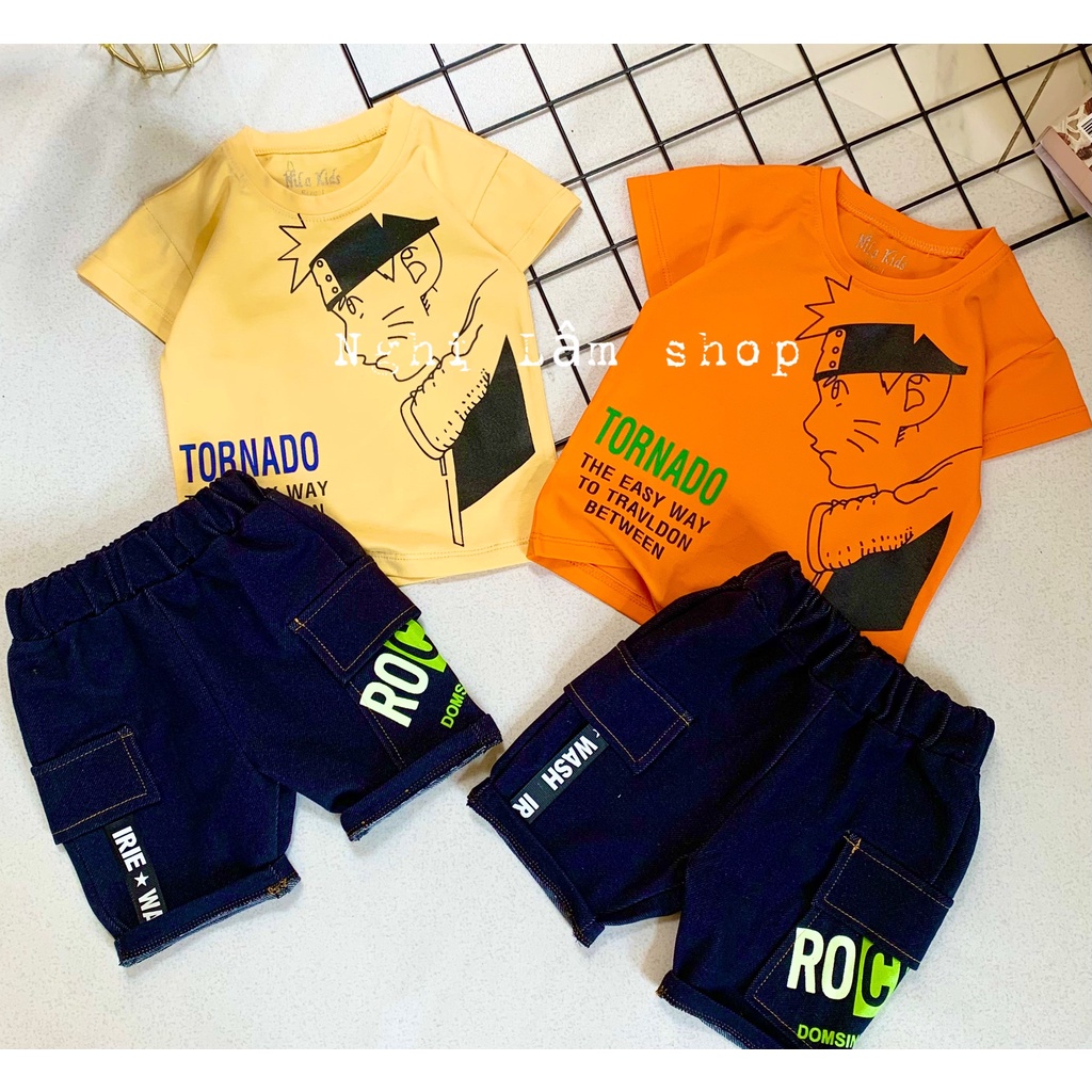 Bộ quần áo bé trai Áo thun cotton 100% co giản 4 chiều mềm mịn mát Quần thun cotton giả jean cho bé từ 8-36k