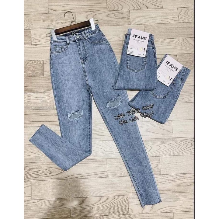 [Size 30-36] Quần Dài Co Giãn Jeans Nữ Bigsize, Xanh Đá Rách Kiểu, Lưng Cao Trên Rốn