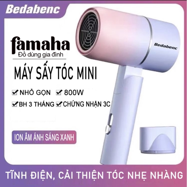 Máy sấy tóc mini BEDABENC gấp gọn công suất lớn, công nghệ ion và ánh sáng xanh bảo vệ tóc, lỗi 1 đổi 1 trong 7 ngày