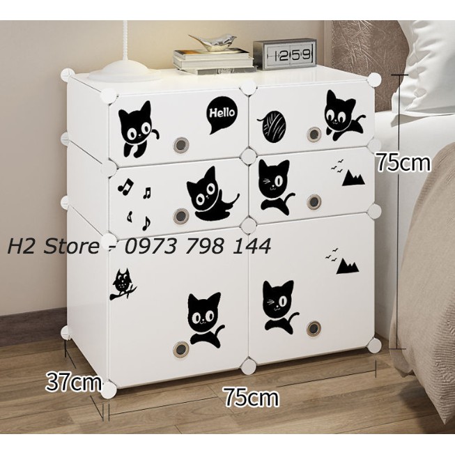 TỦ NHỰA LẮP GHÉP MINI ĐẦU GIƯỜNG 2 Ô TO + 4 Ô NHỎ CỬA TRẮNG MÈO ĐEN ĐỂ ĐỒ ĐA NĂNG THÔNG MINH