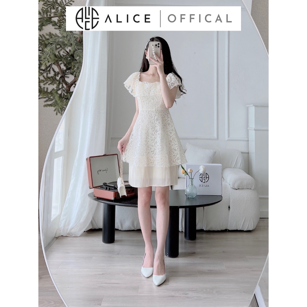 Váy Ren Tiểu Thư Trễ Vai ALICE Chất Liệu Cao Cấp Lót Lụa, Chân Váy Phối Tơ Dập Li, Thiết Kế Sang Chảnh V857