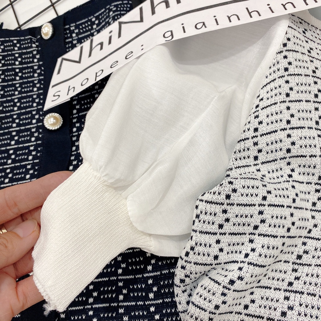 Áo len tay pha cổ vuông chất đẹp, Áo kiểu cổ vuông vai bồng AL7524 - NhiNhiShop