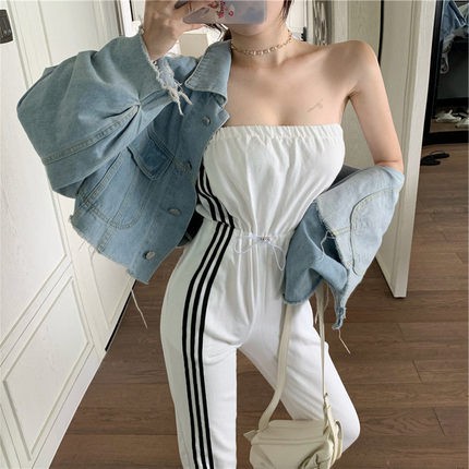 Đồ jumpsuit dính liền áo ống và quần dài thể thao gợi cảm hở vai eo rút dây 3 sọc ulzzang ( 2 màu )