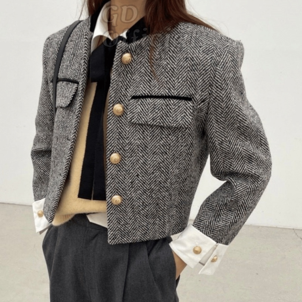 K90|Áo khoác dạ tweed retro kẻ sọc caro chằn bông dày dặn khóa nút sang trọng dáng croptop ngắn cho nữ GD Official