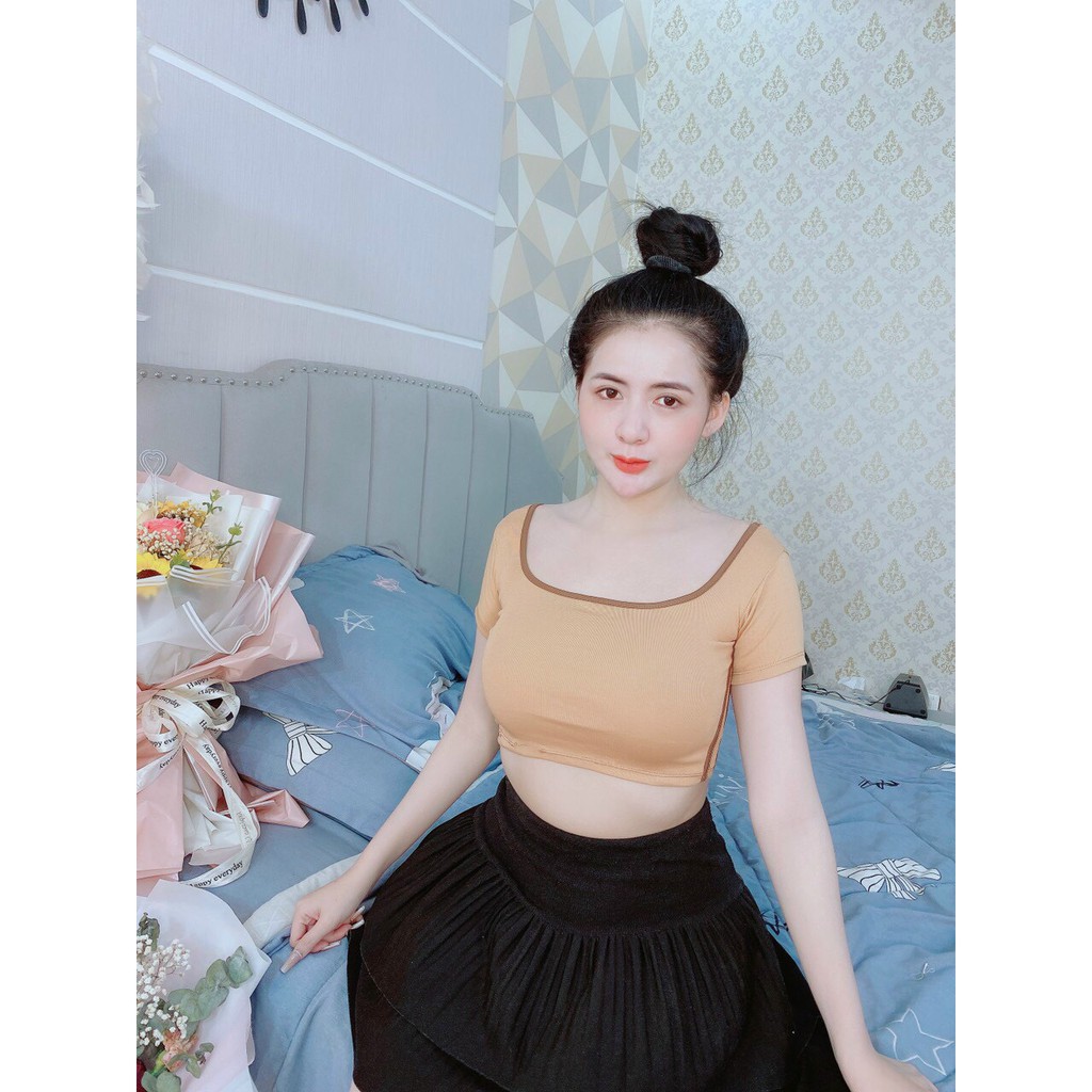 Áo croptop tay ngắn ôm body kiểu viền màu cực xinh , chất thun thái mềm mịn