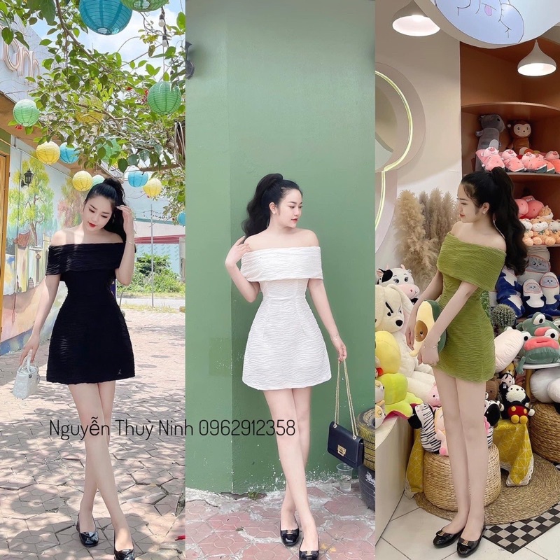 Váy trễ vai sóng nhăn , Đầm bệt vai dáng A siêu hot