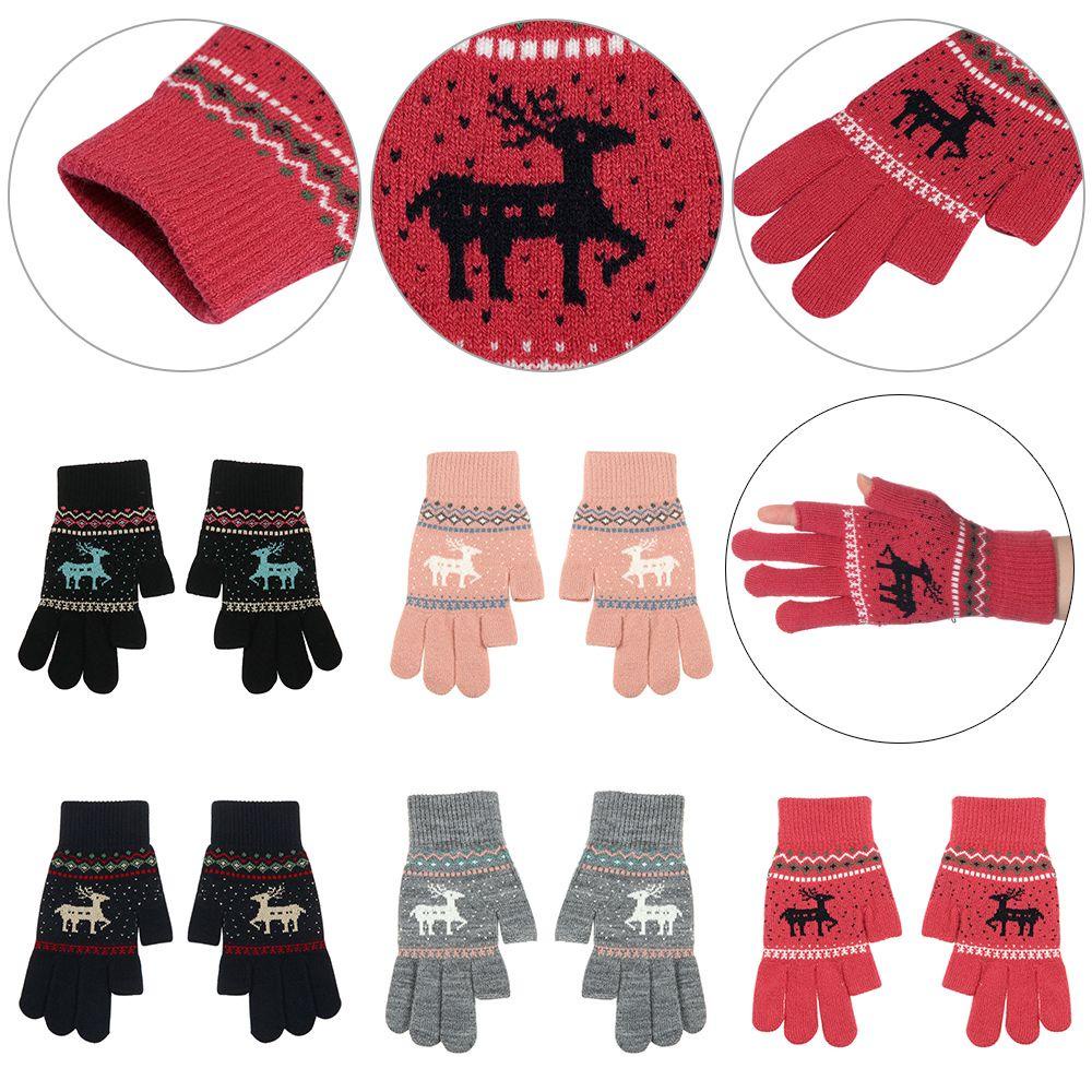 1 Đôi Găng Tay Hở Ngón Bằng Len Cashmere Nhân Tạo In Họa Tiết Hươu Hoạt Hình