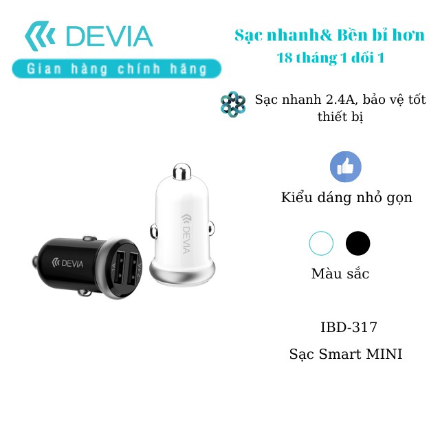 [Mã BMBAU50 giảm 10% đơn 99k] Sạc trên xe hơi Devia Smart mini 2 cổng USB - Hãng chính hãng