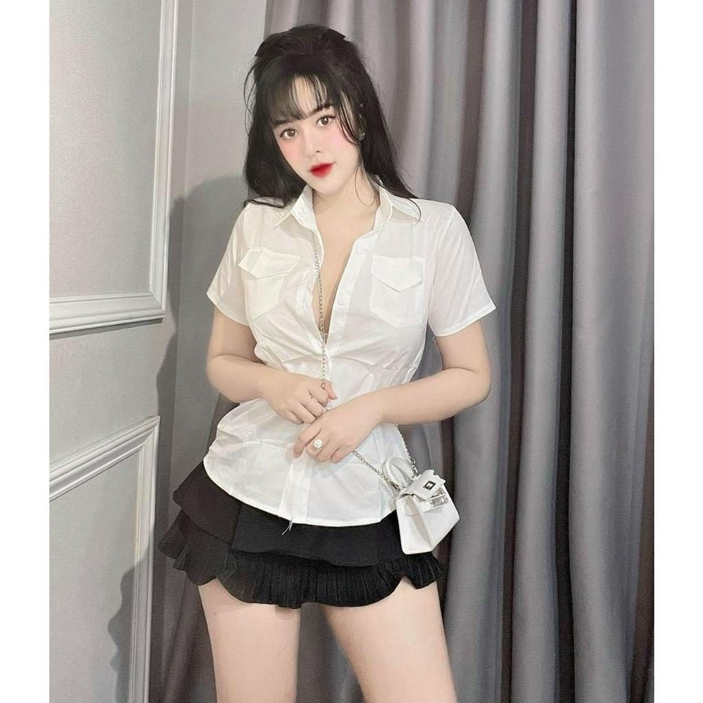 Áo sơ mi nữ tay ngắn 2 hai túi form ôm vừa  đơn giản - cá tính