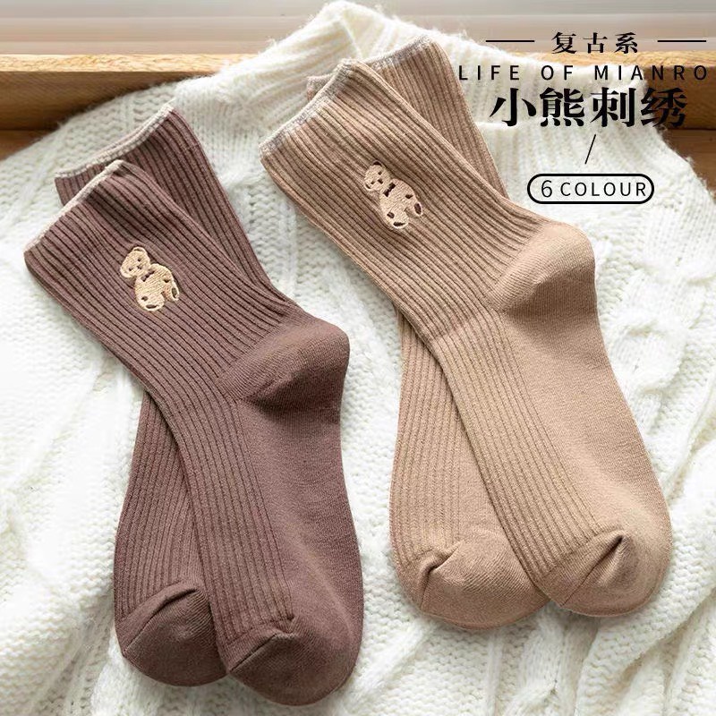 Tất Vớ Cổ Cao Nữ Trơn Hình Gấu Cute Thời Trang Vintage Hàn Quốc T02 JOLY