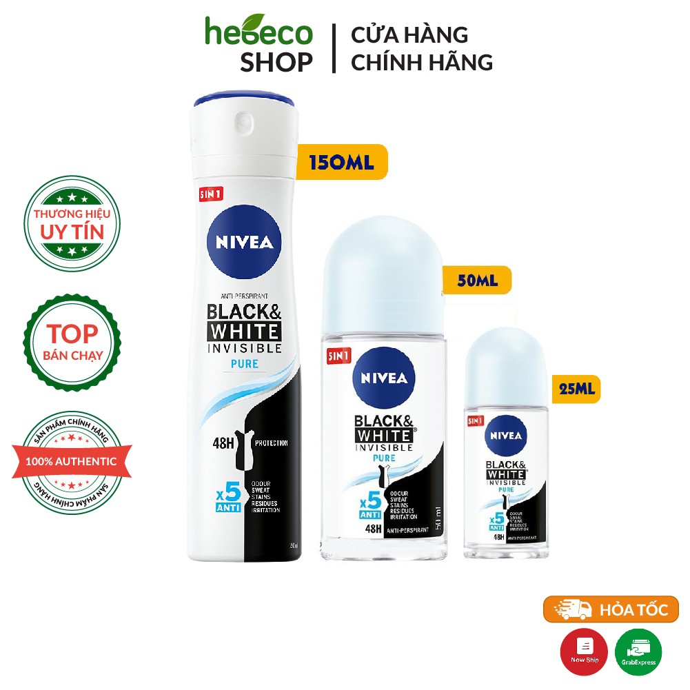 Lăn / Xịt Khử Mùi Cho Nữ Nivea Giảm Vệt Ố Vàng 150ml Invisible For Black & White Thanh Mát Dịu Nhẹ 25ml-50ml-150ml