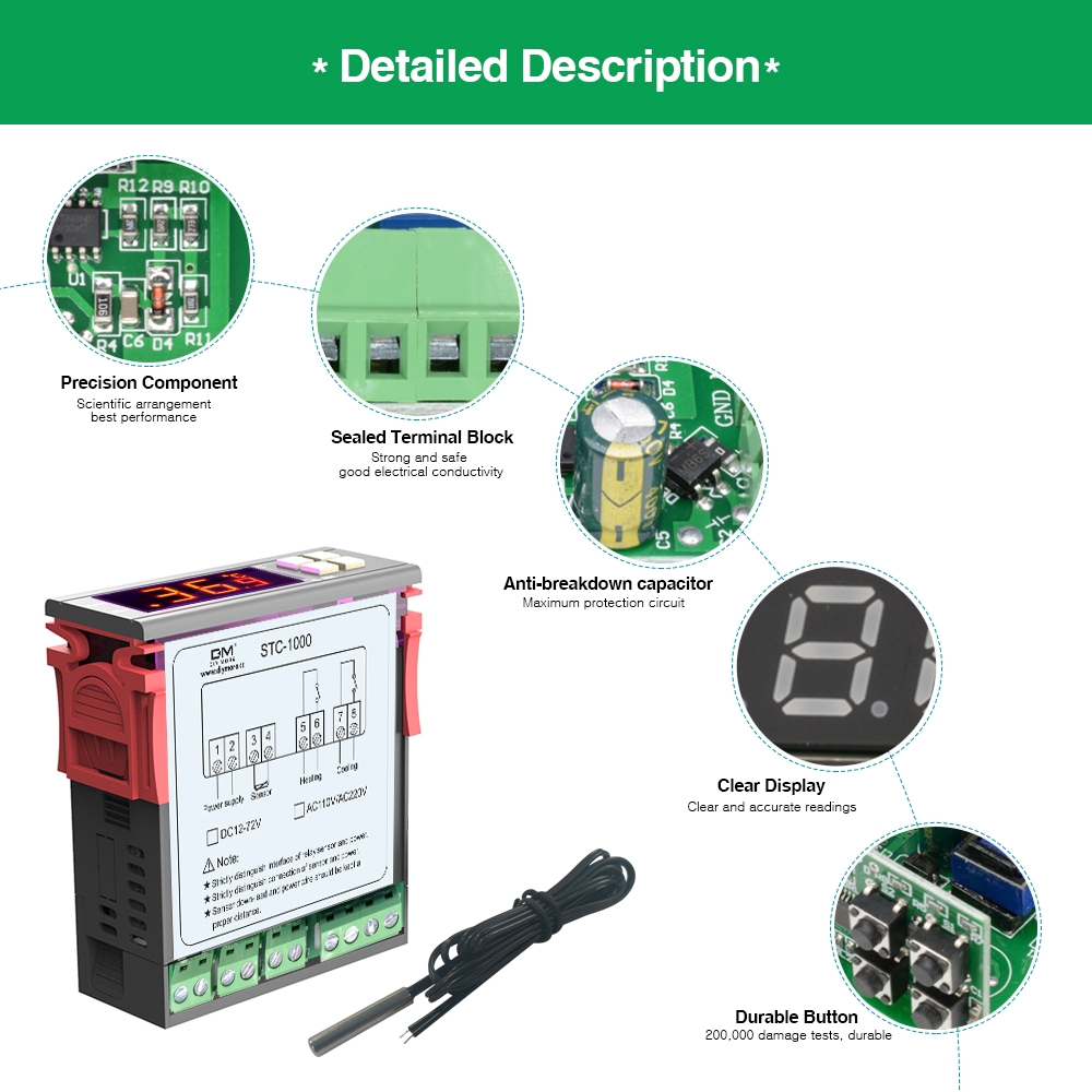 Rơ Le Nhiệt STC-1000 DC 12V-72V - 50 ~ + 99°Bộ Điều Khiển Nhiệt Độ Điện Áp Đầu Ra Rộng Chuyên Dụng