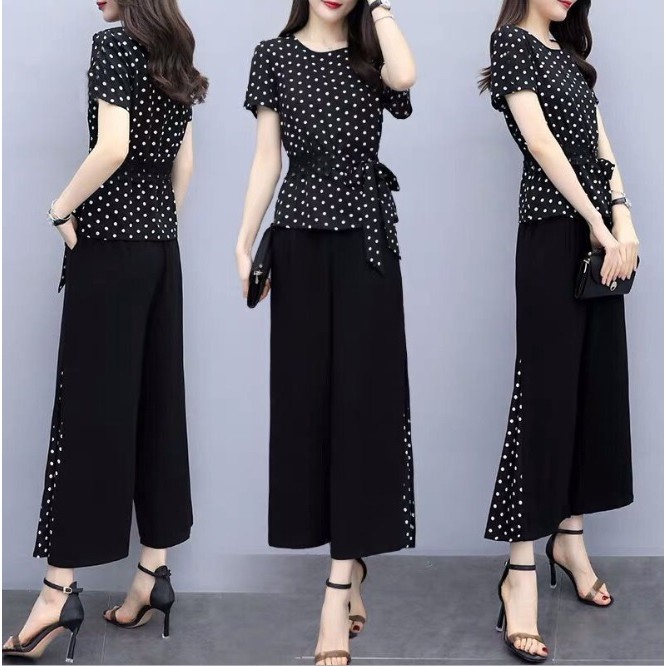 SET ÁO CHẤM BI QUẦN SUÔNG RỘNG PHỐI TÀ