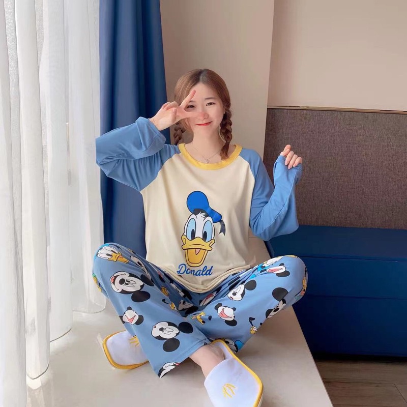 Đồ bộ thun tay dài Quảng Châu, pijama quần dài, đồ mặc ở nhà họa tiết hoạt hình dễ thương, bộ mặc nhà tặng kèm túi