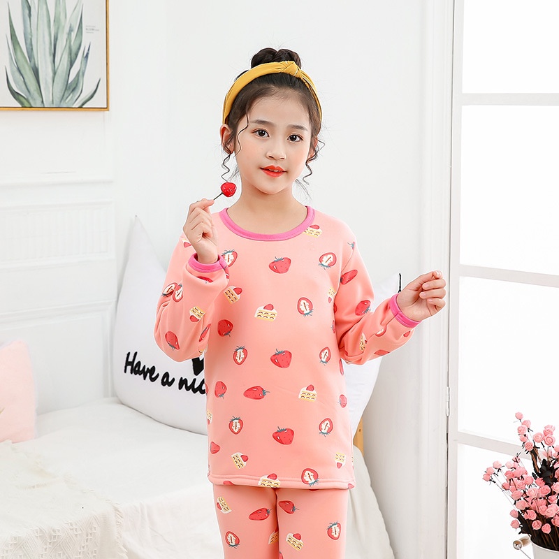 Đồ ngủ tay dài lót nhung sưởi ấm phong cách thu đông Hàn cho trẻ 100-170cm